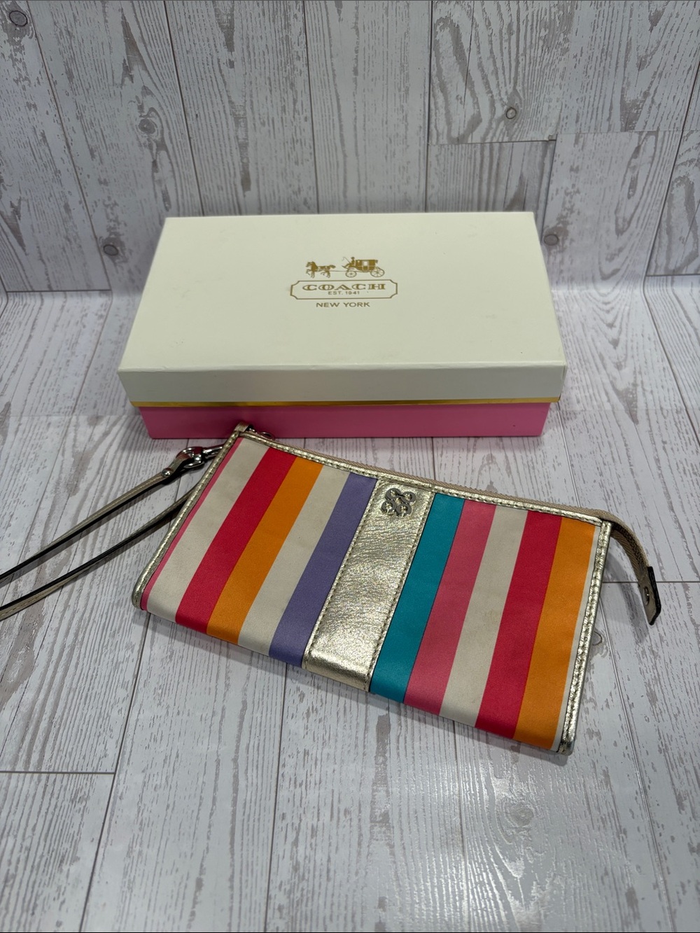 Coach Julia Legacy Stripe Large Wristlet/Wallet  and Original Box